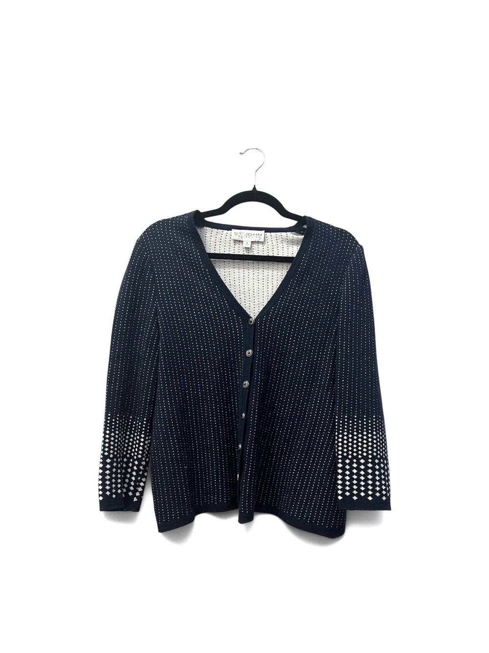 St. John Collection Cardigan Sweater, Navy Blue & White Birds-Eye Knit, Size